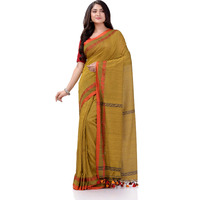 dB DESH BIDESH Women`s Traditional Bengali Tant Handloom Cotton Saree Royel Loveria Design With Blouse Piece (Olive)