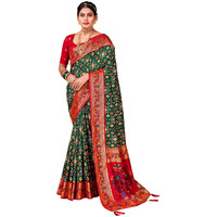 AKHILAM Womens Soft Patola Silk Ikat Print Golden Zari Border Saree With Unstitched Blouse Piece (Green_SMNGLM1005_SS)