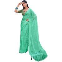 AKHILAM Womens Chiffon Embellished Floral Bagru Saree With Unstitched Blouse Piece (Sea Green_KINJAL4265_5D)