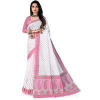 RATAN Pure Cotton Printed Mulmul Saree for Women without Blouse Piece (White-Pink)