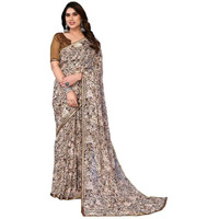 SIRIL Womens Animal Printed Chiffon Saree with Unstitched Blouse Piece (3296S572_Beige)