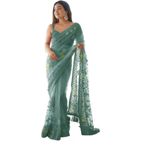 AKHILAM Womens Net Woven Design Saree With Unstitched Blouse Piece, Green