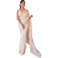 AKHILAM Womens Georgette Off White Embellished Designer Saree With Unstitched Blouse Piece (KESARI1801_KR)