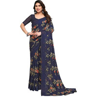 SAMAH Womens Georgette Floral Printed Saree with Unstitched Blouse Piece (3289S112N_Navy Blue)