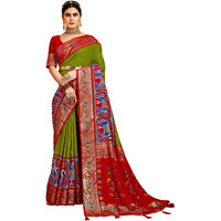 AKHILAM Womens Patola Silk Blend Peacock Woven Design Zari Work Saree With Unstitched Blouse Piece (Olive_MLKHAM1003_SS)