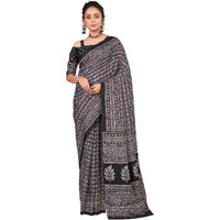 AKHILAM Womens Ajrak Block Print Dola Silk Saree With Unstitched Blouse Piece (Black_KUMRN208_HS)