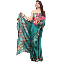 SOURBH Womens Plain Weave Chiffon Texture Border Printed Saree with Blouse Piece (29865-Teal, Grey)