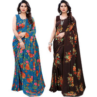 SIRIL Womens Floral Printed Georgette Saree with Blouse Combo Pack Of 2(1955S350_1955S345_Blue||Brown)