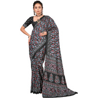 AKHILAM Womens Ajrak Block Print Dola Silk Saree With Unstitched Blouse Piece (Black_KUMRN205_HS)