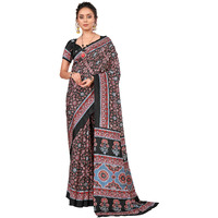 AKHILAM Womens Ajrak Block Print Dola Silk Saree With Unstitched Blouse Piece (Black_KUMRN202_HS)