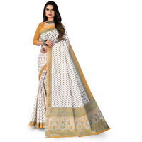 RATAN Pure Cotton Printed Mulmul Saree for Women without Blouse Piece (White-Yellow)