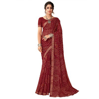 AKHILAM Womens Embellished Lace work Chiffon Bandhani Saree With Unstitched Blouse Piece (Maroon_SIMYA25803D_TFH)