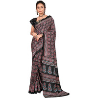 AKHILAM Womens Ajrak Block Print Dola Silk Saree With Unstitched Blouse Piece (Black_KUMRN204_HS)