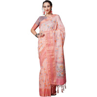 AKHILAM Womens Linen Floral Printed Saree with Unstitched Blouse Piece (Peach_SUSHM1205)