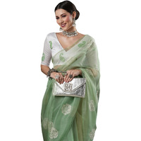 AKHILAM Womens Olive Embroidered Organza Saree With Unstitched Blouse Piece (4KAVI401)