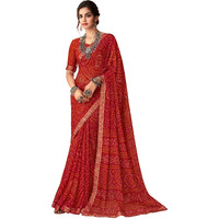 AKHILAM Womens Embellished Lace work Chiffon Bandhani Saree With Unstitched Blouse Piece (Red_SIMYA25802D_TFH)