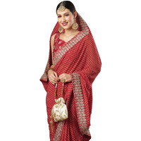 AKHILAM Womens Zari Embroidered Georgette Bandhani Saree With Unstitched Blouse Piece (Red_BANDHNI1010)