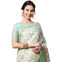 AKHILAM Womens Linen Floral Printed Saree with Unstitched Blouse Piece (Cream_SUSHM1204)