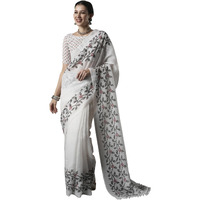 AKHILAM Womens Cotton Slub Botanical Printed Saree With Unstitched Blouse Piece(White_GRNS25C_HS)