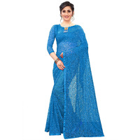 LOROFY Womens Net Saree (With Blouse_Free Size) (WaterBlue)