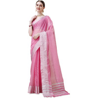 EthnicJunction Womens Cotton Linen Woven Saree With Blouse Piece (Pink)