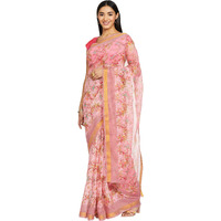 PERFECTBLUE Womens Digital Cotton Linen Blend Saree with Unstitched Blouse Piece (DigiPatta_Variation) (Pink)