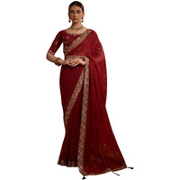 AKHILAM Womens Embellished Embellished Printed Georgette Saree With Unstitched Blouse Piece, Maroon