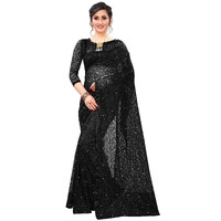 LOROFY Womens Net Saree (With Blouse_Free Size) (Black)