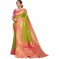 SGF11 Womens Kanjivaram Pure Soft Silk Handloom Saree Pure Golden Zari With Blouse Piece (Green)