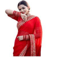 Sidhidata Textile Womens Lace Bordered Georgette Saree With Unstitched Blouse Piece(karwa Chauth Redd_Red_Free Size)