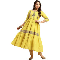 rangita Lime Green Cotton Calf Length Embroidered Anarkali Kurti for Women | Kurta for Women_L