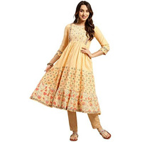 rangita Beige Cotton Calf Length Embroidered Anarkali Kurti for Women | Kurta for Women_L