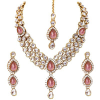 Shining Diva Fashion Gold Plated Pink Kundan Traditional Necklace Jewellery Set for Women & Girls(8647s)