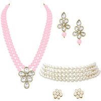 Peora Gold Plated Crystal Pearl Long Necklace with Drop Earrings Traditional Ethnic Jewellery Set for Women Girls | Pink & White