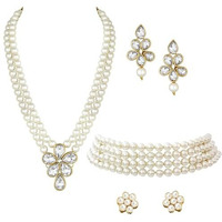 Peora Gold Plated Crystal Pearl Long Necklace with Drop Earrings Traditional Ethnic Jewellery Set for Women Girls | White