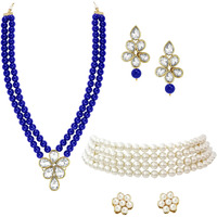 Peora Gold Plated Crystal Pearl Long Necklace with Drop Earrings Traditional Ethnic Jewellery Set for Women Girls | Blue & White