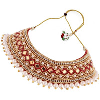 VAMA Fashions Red Zardosi Embroidery Thread Work Kapada cloth necklace jewellery Collar Neck choker set for Girls & Women