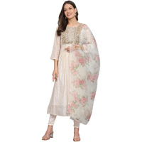 VredeVogel Women's Chanderi Modal Butti Kurta with Stretchable Leggings & Organza Dupatta Set (Off-White_Medium)