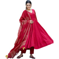 GoSriKi Women's Cotton Blend Solid Regular Kurta with Pant & Dupatta (Magic-RED-GS X-Large)