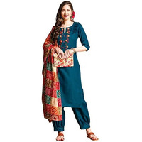 EthnicJunction Women's Embroidered Mirror Work Cotton Straight Kurta Patiala & Dupatta Set(SKD44-Sawan-Teal_XL)