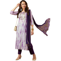 GoSriKi Women's Rayon Blend Straight Printed Kurta with Pant & Dupatta (TIEDYE-BEGANI-GS_M_Violet_Medium)