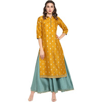 Janasya Women's Mustard Poly Silk Gold Print Anarkali Dress (J0006_XL_Mustard)