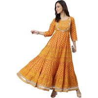 Janasya Women's Mustard Cotton Floral Print Flared Kurta