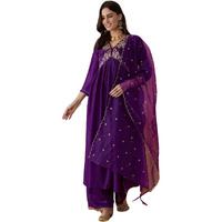 Amayra Women's Embroidered Alia Cut Kurta with Pant and Dupatta Set(Purple,M)