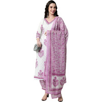 Arayna Women's Cotton Printed Floral Straight Kurta with Palazzo Pants and Printed Dupatta, Pink, X-Large