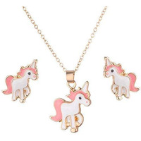 SANNIDHI Unicorn Necklace Jewellery Set for Girls Alloy Unicorn Chain Pendant with Earring for Girls and Women Stylish Cute Unicorn Design Stud Earring & Necklace for Girls Gift, Pink - 3 Pcs