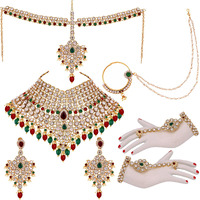 Lucky Jewellery Designer Red Green Color Gold Plated Dulhan Choker Bridal Set for Girls & Women (2475-L1ZS-KD124-MG)