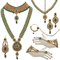 Lucky Jewellery Bridal Dulhan Designer 18k Gold Plated Gold Green Color Pearl Stone Set 9 pcs. for Women & Girls (3630-IZS-1611-LCT-G)