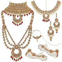 Lucky Jewellery Bridal Dulhan Golden Red Color Alloy Gold Plated Wedding Jewellery Set for Girls & Women (3960-P3ZR-233-LCT-RED)