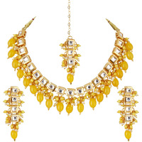 Lucky Jewellery Back Meenakari 18k Gold Plated Yellow Color Tika Earring Combo Uncut Big Faux Kundan Choker Necklace set (660-J5SK-1664-Y)